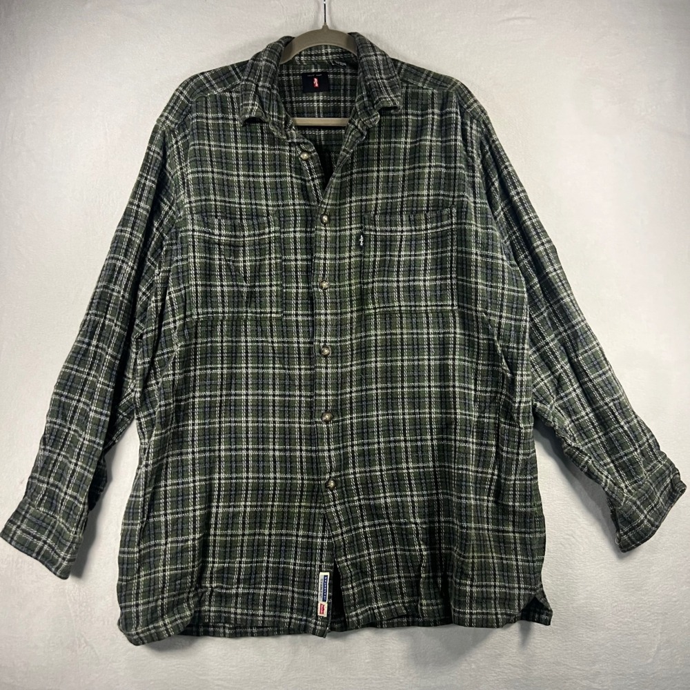LEVIS JEANS Mens Large Plaid‎ Flannel Shirt Long Sleeve Button Up Green Blue